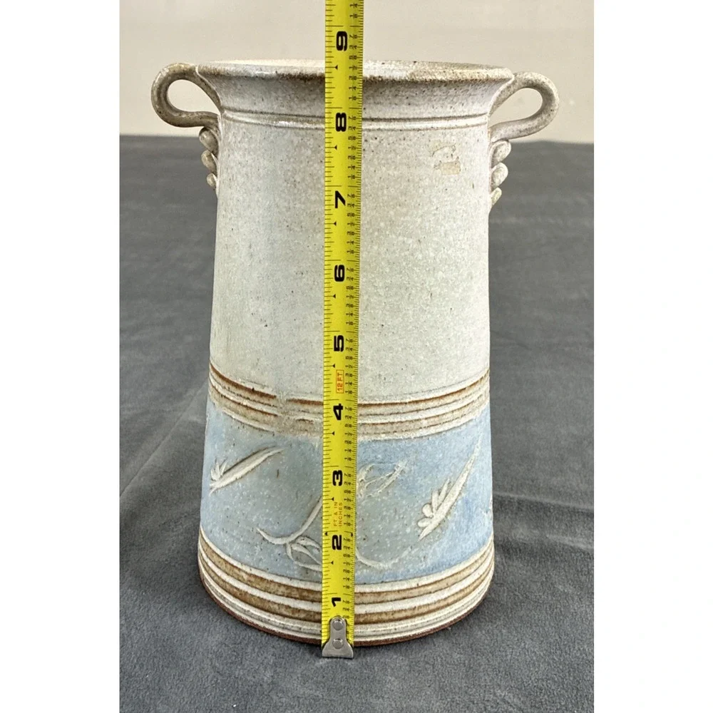 Studio Art Pottery Vase Handmade Coastal Scene Signed Double Handles 8.5